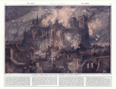 De brand van de kathedraal van Reims na het zware bombardement door de Duitsers, 17-24 september 1914 door Charles William Wyllie